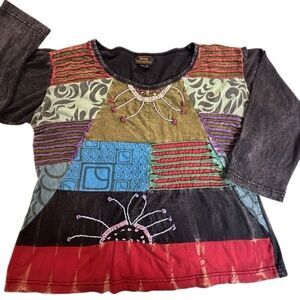 Rising International Women's Cotton Long Sleeve Patchwork Top Multicolor Size XL